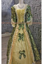 OE005A-金底深綠歐洲洋裝