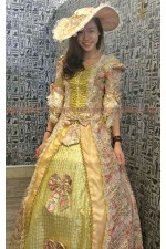 OE005D-金底粉邊歐洲洋裝