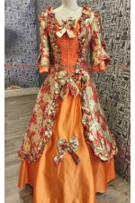 OE012A-金底橘紅花歐洲洋裝