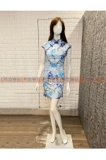OH235－青底藍玫瑰短旗袍（中式服裝／中國）