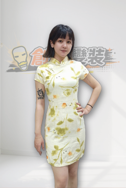 OH233-米黃綠葉 短旗袍